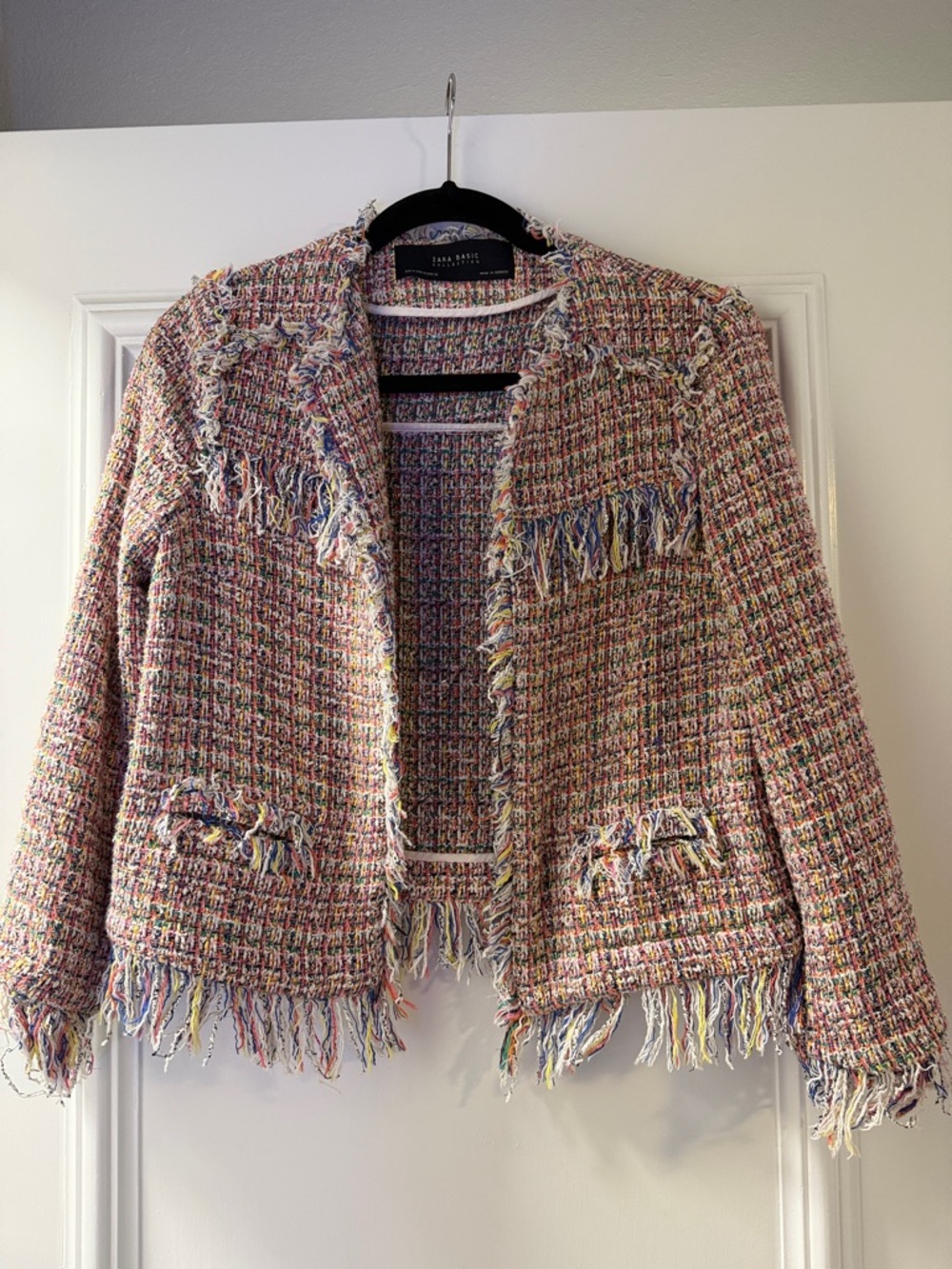 Zara Pink Multicolor Tweed Fringe Blazer